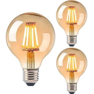 TrangoSet van 3 LED E27 3-traps dimbaar E27005*3 warm wit goudkleurig 2500 Kelvin 4 watt 400 lumen, G80 Ø8cm Filament Edison gloeilamp, amberkleurige vintage gloeilamp, retro verlichting bollamp