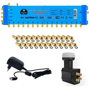 Quattro LNB Profi + multischakelaar pmse 5/16 HB-DIGITAL 1x SAT tot 16 x deelnemers / Receiver voor Full HDTV 3D 4K UHD met voeding + 30 vergulde F-stekkers gratis erbij