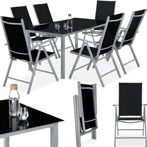 tectake® zitset aluminium klapstoelen, loungeset met 6x stoelen en 1x glazen tafel eettafel, tuinmeubelset weerbestendig voor het balkon, tuinstoelen, terrasmeubilair, ligstoel - zilver