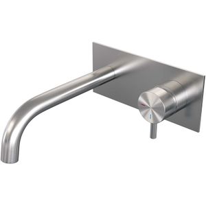 Inbouw Wastafelmengkraan Brauer Brushed Edition Coldstart Gebogen Uitloop Korte Ronde Hendel Rechts Geborsteld RVS PVD Met Afdekplaat