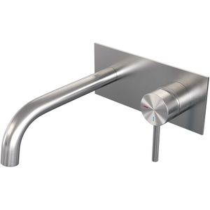 Inbouw wastafelmengkraan brauer brushed edition coldstart gebogen uitloop ronde hendel rechts geborsteld rvs pvd met afdekplaat