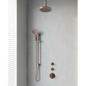 Brauer Copper Edition Thermostatische Inbouw Doucheset - Geborsteld Koper PVD - Hoofddouche 20cm - Plafondsteun - Ronde Handdouche - Met Glijstang