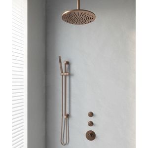 Regendoucheset Inbouw Plafond Brauer 30cm Rond Geborsteld Koper 3 Greeps Thermostaatkraan Glijstang en Staafhanddouche