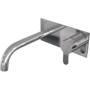 Inbouw wastafelmengkraan brauer chrome edition coldstart gebogen uitloop korte platte hendel rechts chroom met afdekplaat