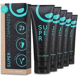 happybrush® SuperBlack Actieve kool tandpasta met muntsmaak, zwarte tandpasta voor witte tanden, 5 stuks (5 x 75 ml)