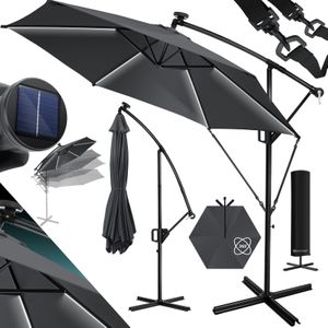KESSER® Zweefparasol met LED Solar Verlichting en voet 300cm x 300cm - Parasol 360° Draaibaar Incl. Beschermhoes Tuinparasol Zonne-energie - Antraciet Ø 3m