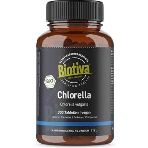 Biotiva Chlorella tabletten Bio hoge dosering (300 stuks) - 500mg tabletten - 100% zuiver - Veganistische Chlorella algentabletten - ZONDER magnesiumstearaat - Gevuld en gecontroleerd in Duitsland (DE-Ã–KO-005)