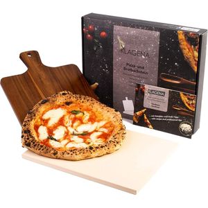 Gourmeo Pizzasteenset met bamboe schep, 38 x 30 cm vierkant, cordierite pizzasteen voor oven, gasgrill en grill, gelijkmatige warmteverdeling en eenvoudige reiniging