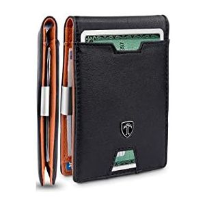 TRAVANDO Heren slanke portemonnee met geldclip Austin RFID-blokkerende tweevoudige creditcardhouder voor mannen met geschenkdoos, zwart en oranje