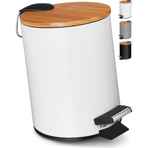 Cosmetica - Afvalemmer - Wit - Bamboe Houten Deksel - Softclose Mechanisme