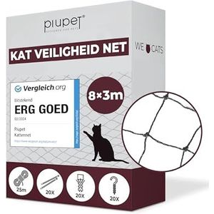 PiuPet® Kattennet transparant - Balkonnet transparant ideaal voor uw kat - Kattennet voor balkon & raam incl. kabelbinders & bevestigingstouw | Cat net | Veiligheidsnet kat | Balkonnet kat (8 x 3 m)