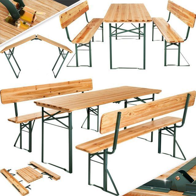 tectake® Bierzeltgarnitur, 3-teilig, belastbar, Holzlackierung mit Klarlack
