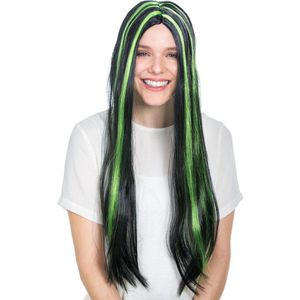 dressforfun - pruik vampier lang haar zwart/groen - verkleedkleding kostuum halloween verkleden feestkleding carnavalskleding carnaval feestkledij partykleding - 300733