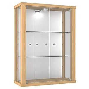 K-Möbel Wandkast (80x60x25cm) - Gemaakt in Duitsland - Vitrinekast wand met 2 in hoogte verstelbare ESG-glasplanken, spiegel & LED in Beuk - Display Cabinet - kleine kast - Vitrine - Case