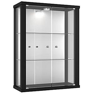 K-Möbel Glazen vitrinekast in zwart (80x60x25 cm) met 2 in hoogte verstelbare glazen leggers, spiegel & LED - Modelauto vitrinekast zwart - Vitrinekast zwart - Verzamelaars vitrinekast - Glazen