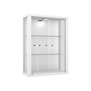 K-Möbel Wandkast (80x60x25cm) - Gemaakt in Duitsland - Vitrinekast wand met 2 in hoogte verstelbare ESG-glasplanken, spiegel & LED in Wit - Display Cabinet - kleine kast - Vitrine - Case
