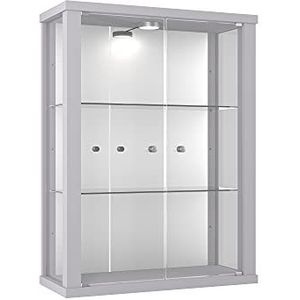 K-Möbel Glazen vitrinekast in aluminium/zilver (80x60x25 cm) met 2 in hoogte verstelbare glazen leggers, spiegel & LED - Modelauto vitrinekast zilver - Vitrinekast zilver - Verzamelaars vitrine