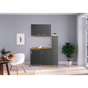Goedkope keuken 130  cm - mini keuken met apparatuur Levin - Eiken/Grijs - elektrische kookplaat  - koelkast  - kleine keuken - compacte keuken - keukenblok met apparatuur