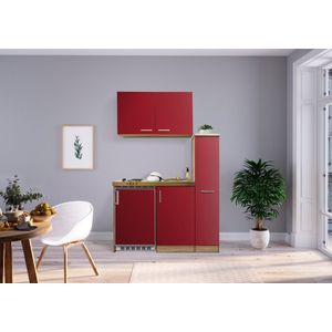 Goedkope keuken 130  cm - mini keuken met apparatuur Levin - Eiken/Rood - elektrische kookplaat  - koelkast  - kleine keuken - compacte keuken - keukenblok met apparatuur