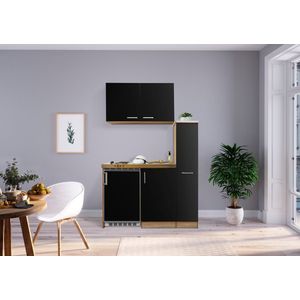 Goedkope keuken 130  cm - mini keuken met apparatuur Levin - Eiken/Zwart - elektrische kookplaat  - koelkast  - kleine keuken - compacte keuken - keukenblok met apparatuur