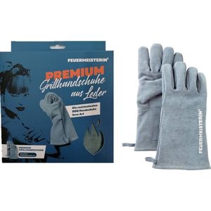 FEUERMEISTERIN Premium Leren BBQ Handschoen Grijs-Blauw - BBQ Hanschoenen - Hittebestendig - Ovenwanten