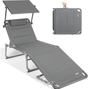 Homecall XXL aluminium ligstoel met zonnedak, strandbed met drie poten, 200x70 cm, maximale belasting 150 kg, grijs textileen, sneldrogend schuim