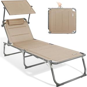 Homecall XXL ligstoel van aluminium met zonnedak, strandbed met drie poten, 200 x 70 cm, maximale belasting 150 kg, zandtextileen, sneldrogend schuim