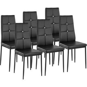 tectake® Moderne Stoelen - Set Stoelen met Kunstleren Bekleding en Strass-Steentjes - Geschikt als Keukenstoel, Eetkamerstoel of Gestoffeerde Stoel voor Woonkamer, Eettafel, Bar (Zwart, set van 6)