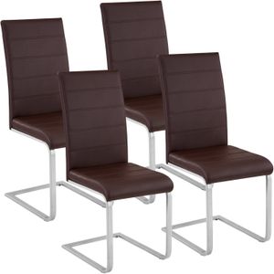 tectake® - Eetkamerstoel set van 4 - Kunstleren stoel met ergonomische rugleuning - Buisframe sledestoel - bruin