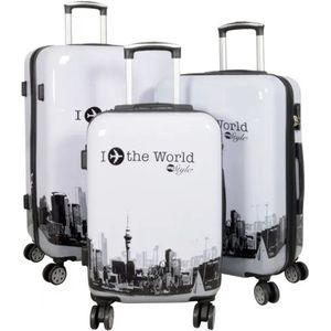 Travelsuitcase- Fly The World - 3delige reiskoffer set - Polycarbonaat - Exclusief design / Wit