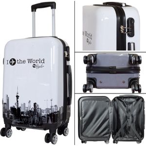 Travelsuitcase - Handbagage koffer Fly the World - Reiskoffer met cijferslot - Polycarbonaat - Wit - Maat L ca 77x51x30 cm