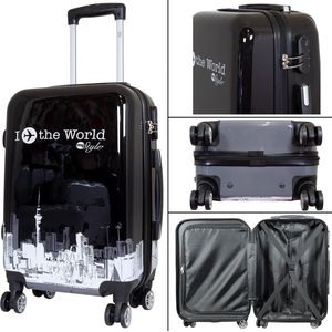 Travelsuitcase - Handbagage koffer Fly the World - Reiskoffer met cijferslot - Polycarbonaat - Zwart - Maat L ca 77x51x30 cm