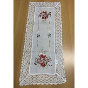 Kerst - Tafelkleed - Linnenlook - Broderie - Off white met kant en rode kaarsen - Loper 90 cm