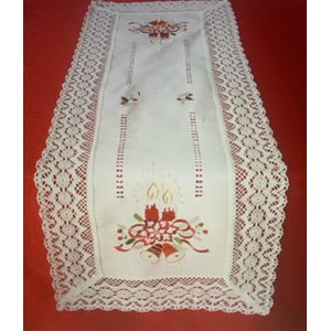 Kerst - Tafelkleed - Linnenlook - Broderie - Off white met kant en rode kaarsen - Loper 110 cm