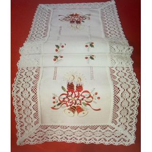 Kerst - Tafelkleed - Linnenlook - Broderie - Off white met kant en rode kaarsen - Loper 140 cm