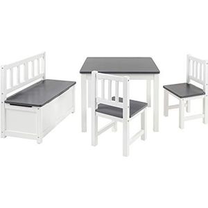 BOMI® kindermeubels tafel en stoelen | Kinderzitbank met kist van massief grenenhout | Kinderzitgroep voor kleine kinderen, meisjes en jongetjes, in grijs