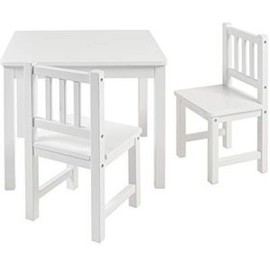 BOMI® Amy kindertafel met 2 stoelen | afgeronde hoeken en zijkanten | van massief grenenhout | Houten zitgroep voor kind | voor jonge kinderen, meisjes en jongetjes, in wit