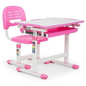 OneConcept Tommi - kinderbureau, bureau, ergonomische tafel en stoel, in hoogte verstelbaar, kantelbaar tafelblad van 0 tot 40 °, opberglade, zijhaak, roze