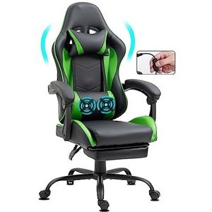 Gemani Bureaustoel, gamingstoel, massagefunctie, USB-gamingstoel, ergonomische gamerstoel met voetensteun, hoofdsteun, massage-lendenkussen, gamingstoel, draaistoel 02-0042 (groen)