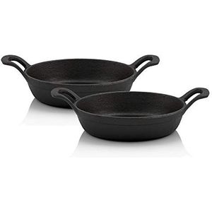 BBQ-Toro Serveerpannenset van gietijzer, 2 stuks, diameter 20 cm - rond, reeds ingebrand - preseasoned, grillpannetje, gietijzeren pan, braadpan, vuurpan