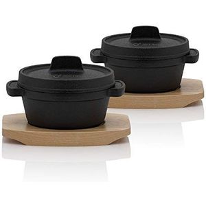 BBQ-Toro Mini Dutch Oven (2 stuks), Ø 11 cm, gietijzeren serveerpot met houten onderzetter, al ingebrand - preseasoned, kookpan, kleine braadpan, gietijzeren pan