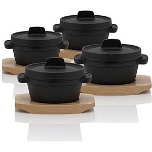 BBQ-Toro Mini Dutch Oven (4 stuks), Ø 11 cm, gietijzeren serveerpot met houten onderzetter, al ingebrand - preseasoned, kookpan, kleine braadpan, gietijzeren pan