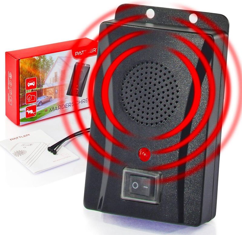 PATTLER® Marterverjager auto werkt op batterijen voor ca. 40 m² met ultrasoon en anti-gewenningseffect - Mobiele marterverjagers met batterijvoeding - muizenverjager voor huis, garage, zolder, tuin
