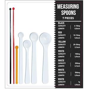 Doseerlepel, maatlepels, set van 7 stuks, 6 mg tot 1000 mg (1 g) nauwkeurig doseren, microdoseerhulp voor milligram nauwkeurige dosering