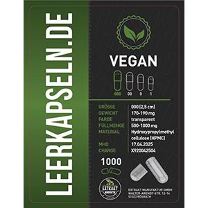 HPMC lege capsules, 1000 stuks, maat 000, capsules zijn verbonden, caps met grote inhoud, transparant, veganistisch, vegetarisch, om te vullen voor natuurlijke supplementen (aantal stuks, 1000)