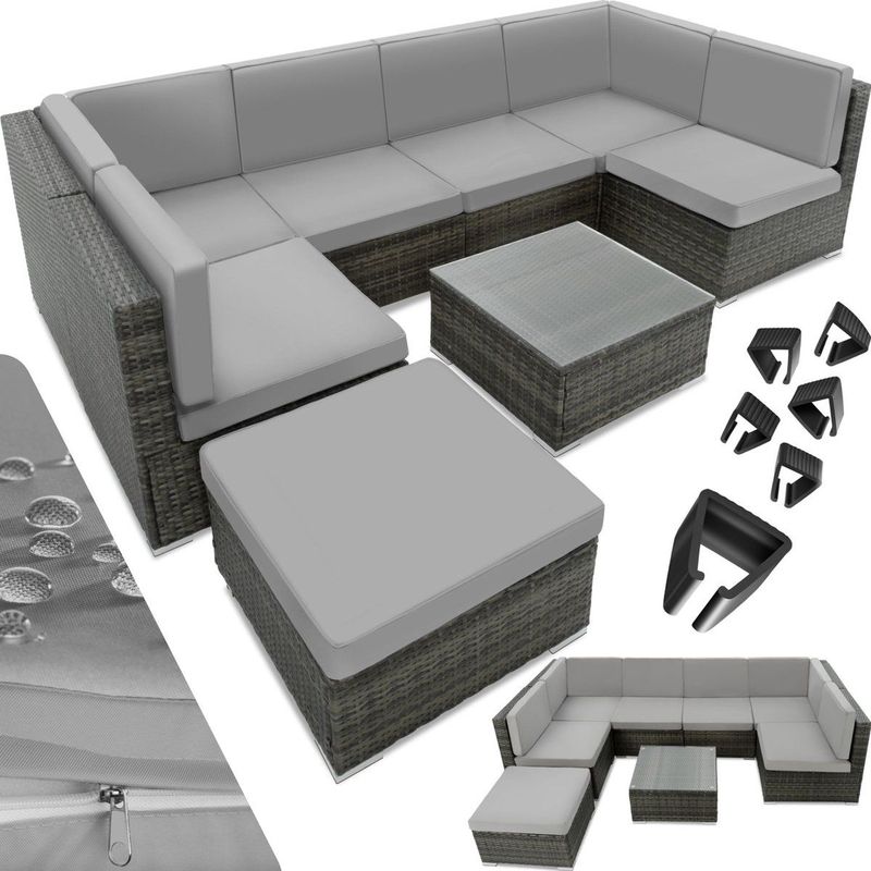 tectake® Rattan Lounge, für 6 bis 7 Personen, UV-beständig, mit Sicherheitsglasplatte