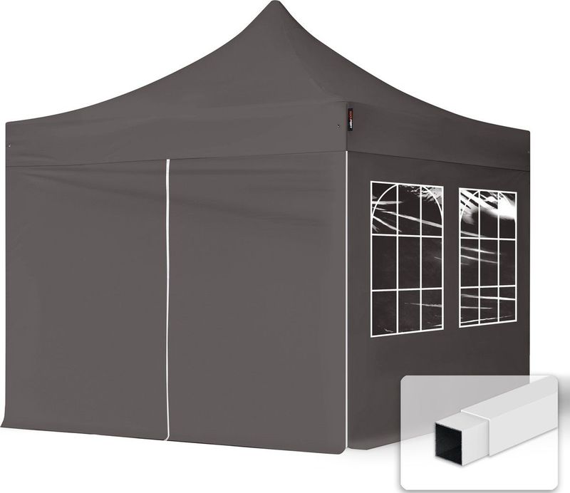 3x3m Easy Up Partytent Vouwtent - 4 Zijwanden (met Kerkvensters) Paviljoen Stalen Frame Grijs