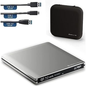 techPulse120 Externe UltraHD UHD 4k 3D M-DISC BDXL HDR10 100GB USB 3.0 & USB-C drive Bluray brander Burner Superdrive UltraSlim BD DVD CD Ultra pakket tas 90cm aansluitkabel aluminium zilver