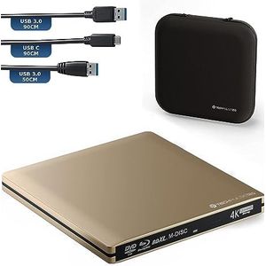 techPulse120 Externe UltraHD UHD 4k 3D M-DISC BDXL HDR10 100GB USB 3.0 & USB-C drive Bluray brander Burner Superdrive UltraSlim BD DVD CD Ultra pakket tas 90 cm aansluitkabel aluminium goud