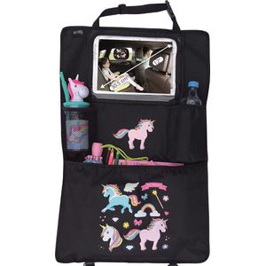 HECKBO 1 x kinderautostoel rugleuningbeschermer organizer met verstelbare tablettas, opslag voor accessoires – eenhoornmotief – universeel – 70 x 45 cm – incl. bekerhouder + opbergnet
